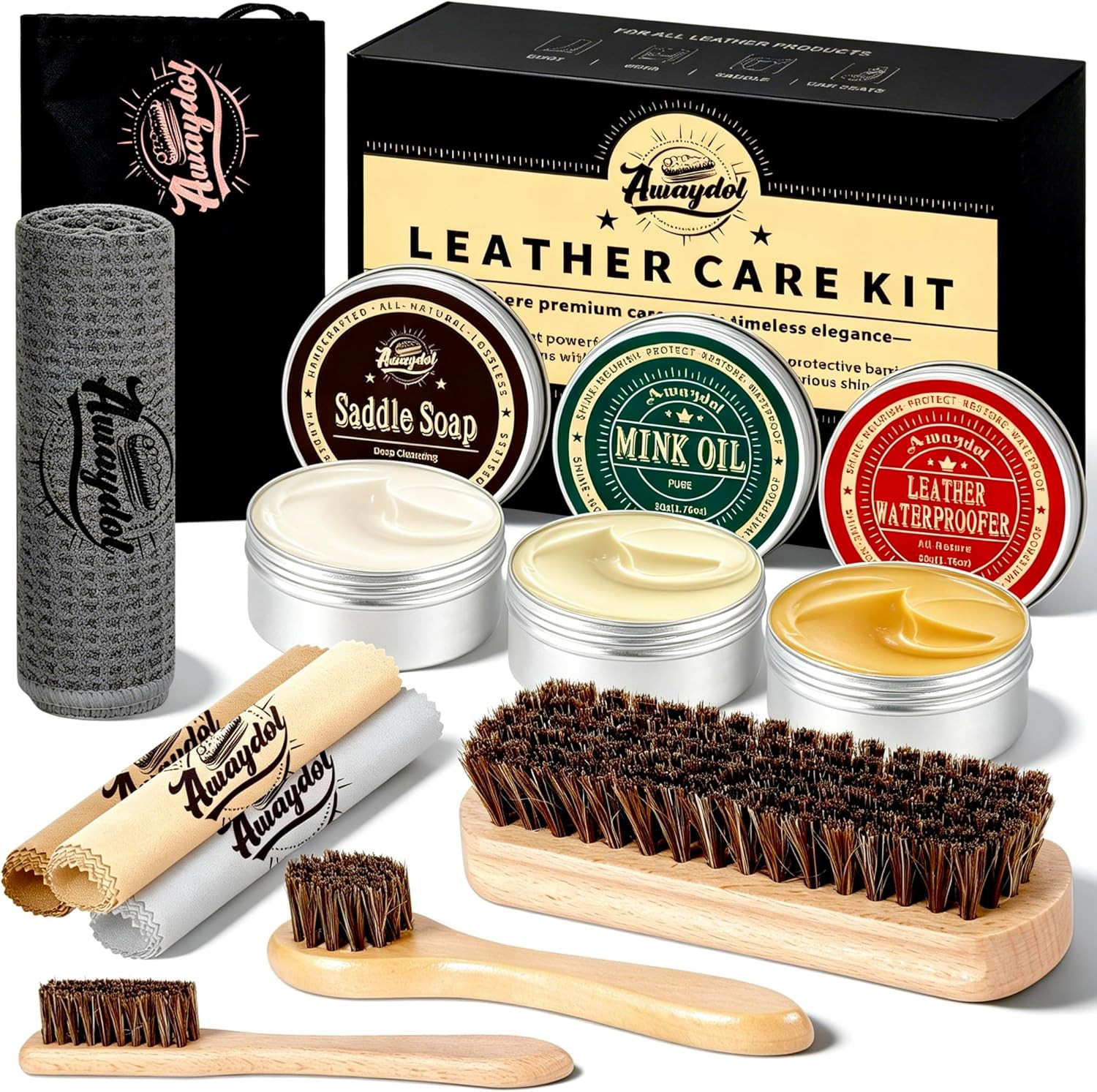 11 PCS Leather Care Kit – Horsehair Brushes,Saddle Soap,Waterproofing Wax,Mink O