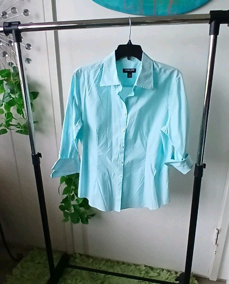 Kirkland Turquoise and White Pin Stripe Tappered Shirt Sz Large Womens Classic