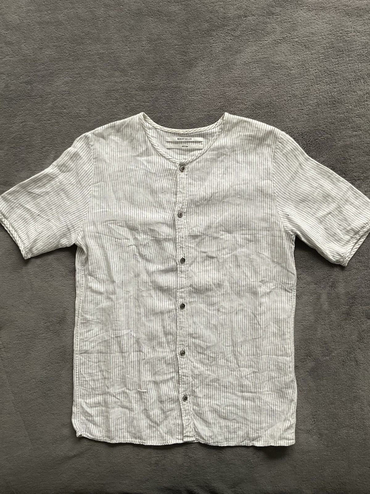 Robert Geller New York Striped Band Collar Shirt Mens 46 (S) 100% Linen Japan
