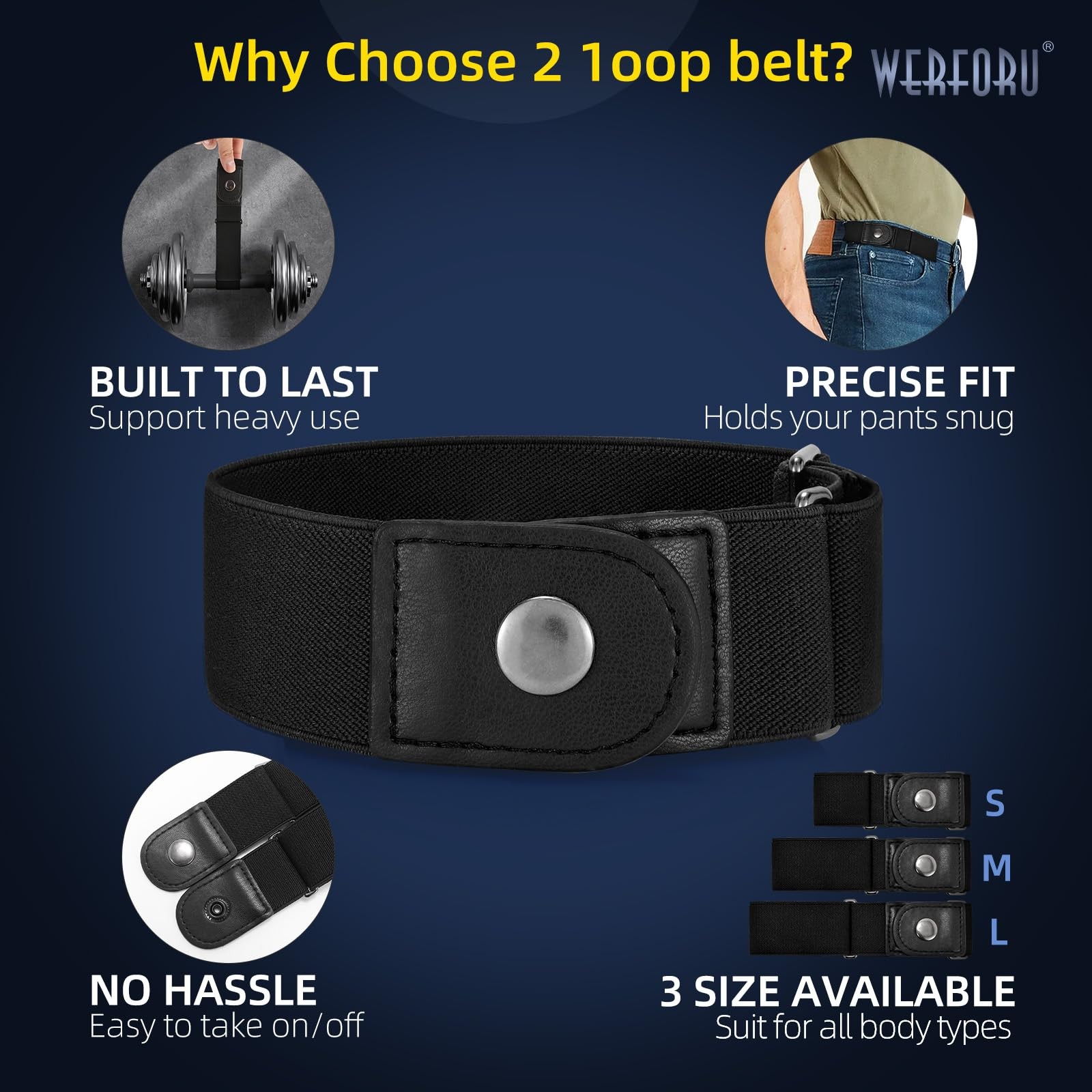 WERFORU Men 2 Loop No Buckle Elastic Belt for Women Men side belts Fit 1.5 Inch