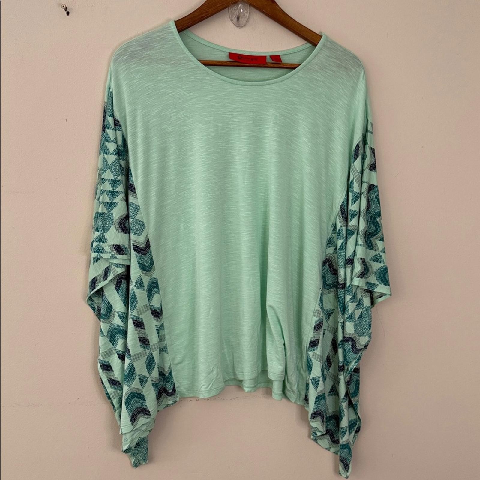 Belle Gray Mint Green & black Lagenlook Aztec top draped sleeves scoop neck XS