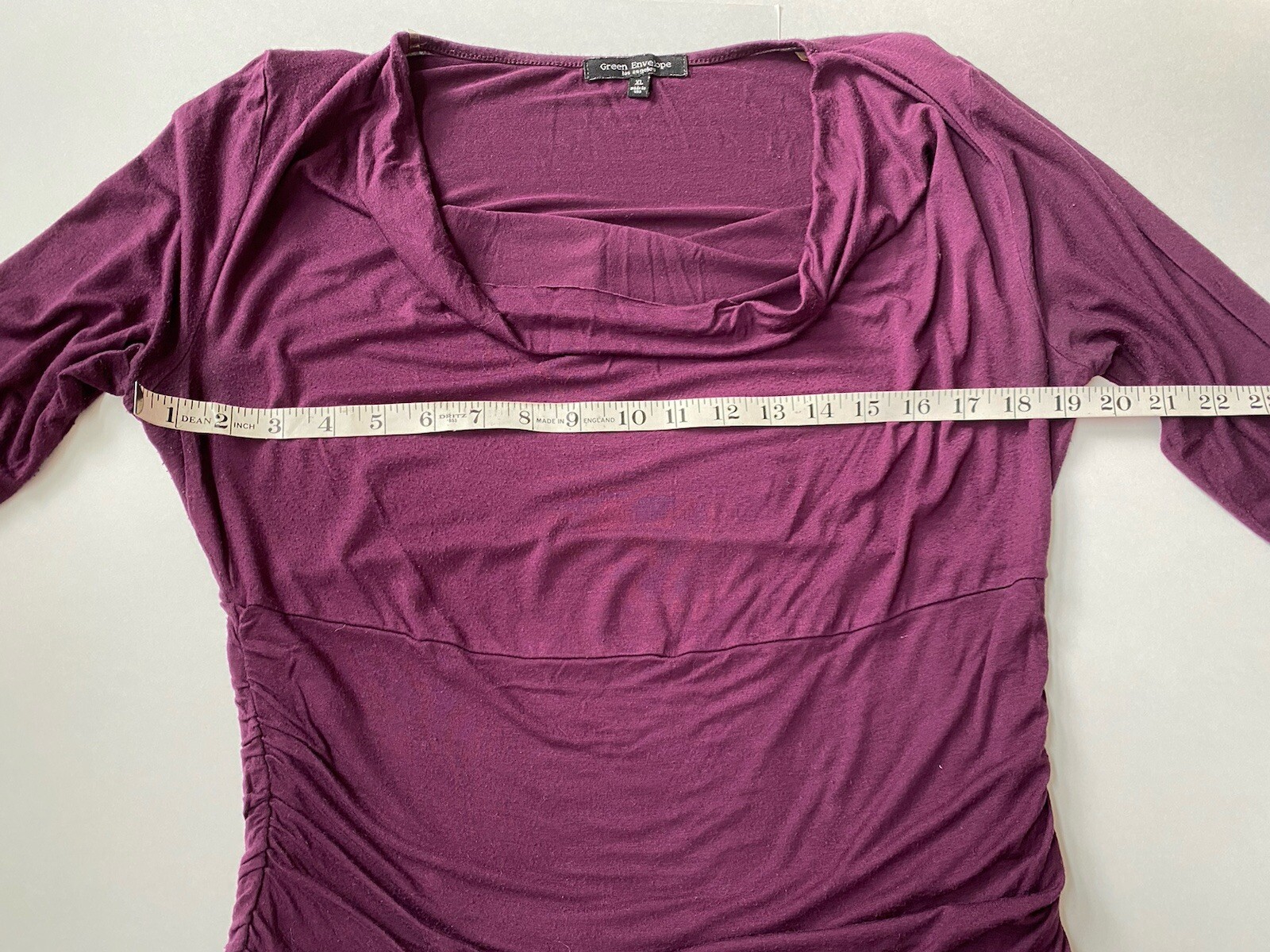 Green Envelope Top XL, Purple Magenta 3/4 Sleeves, Cowl 95% rayon 5% Spandex US