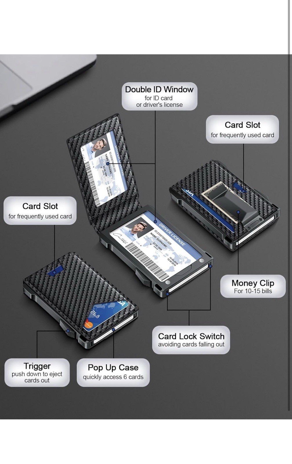 Wallet for Men RFID Wallet with 2 ID Windows & Money Clip, Slim Pop up Card Hold