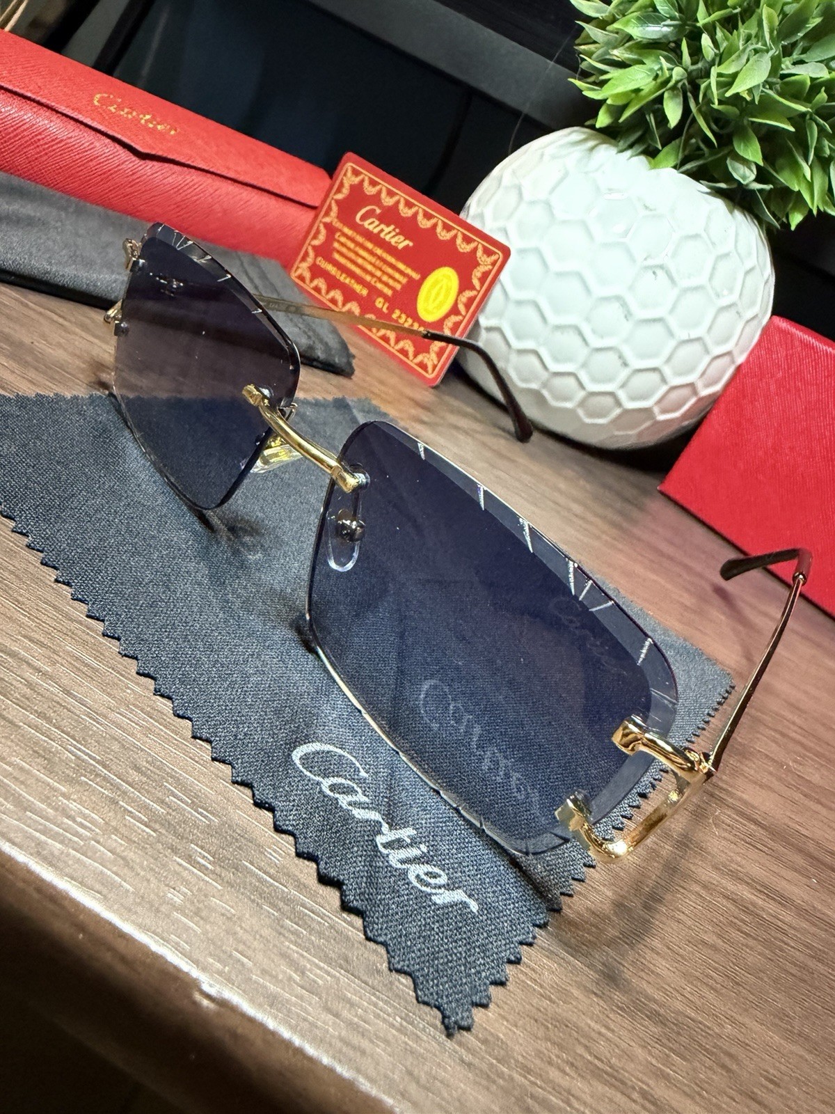 Cartier Big C Diamond Cut Frameless BLUE Lens Gold Frame