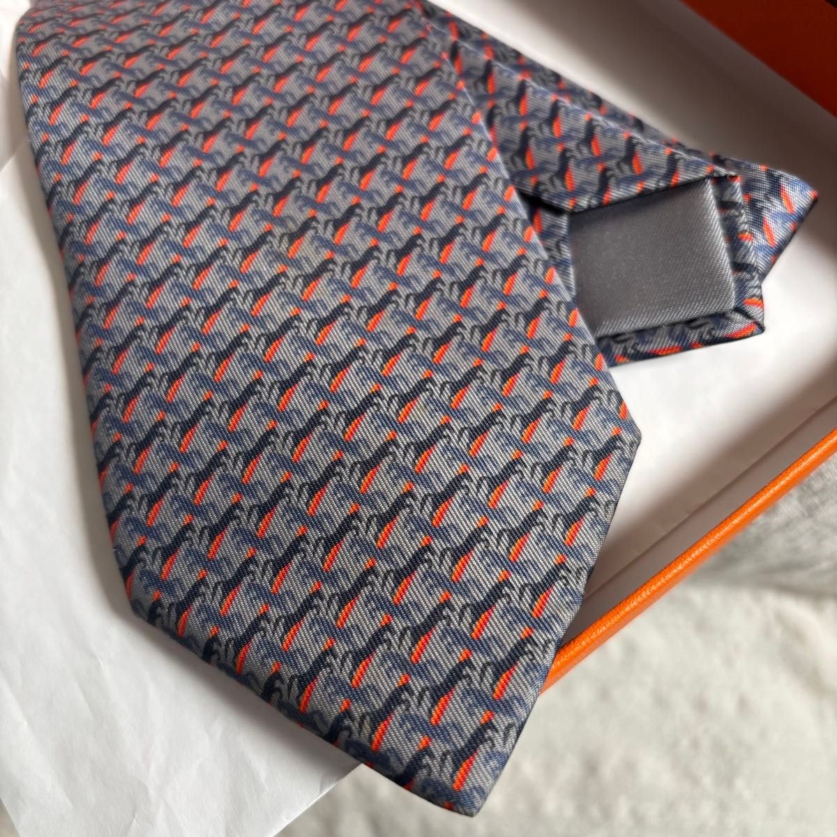 HERMES Tie High Quality Silk Gray Orange Horse Pattern 549084984