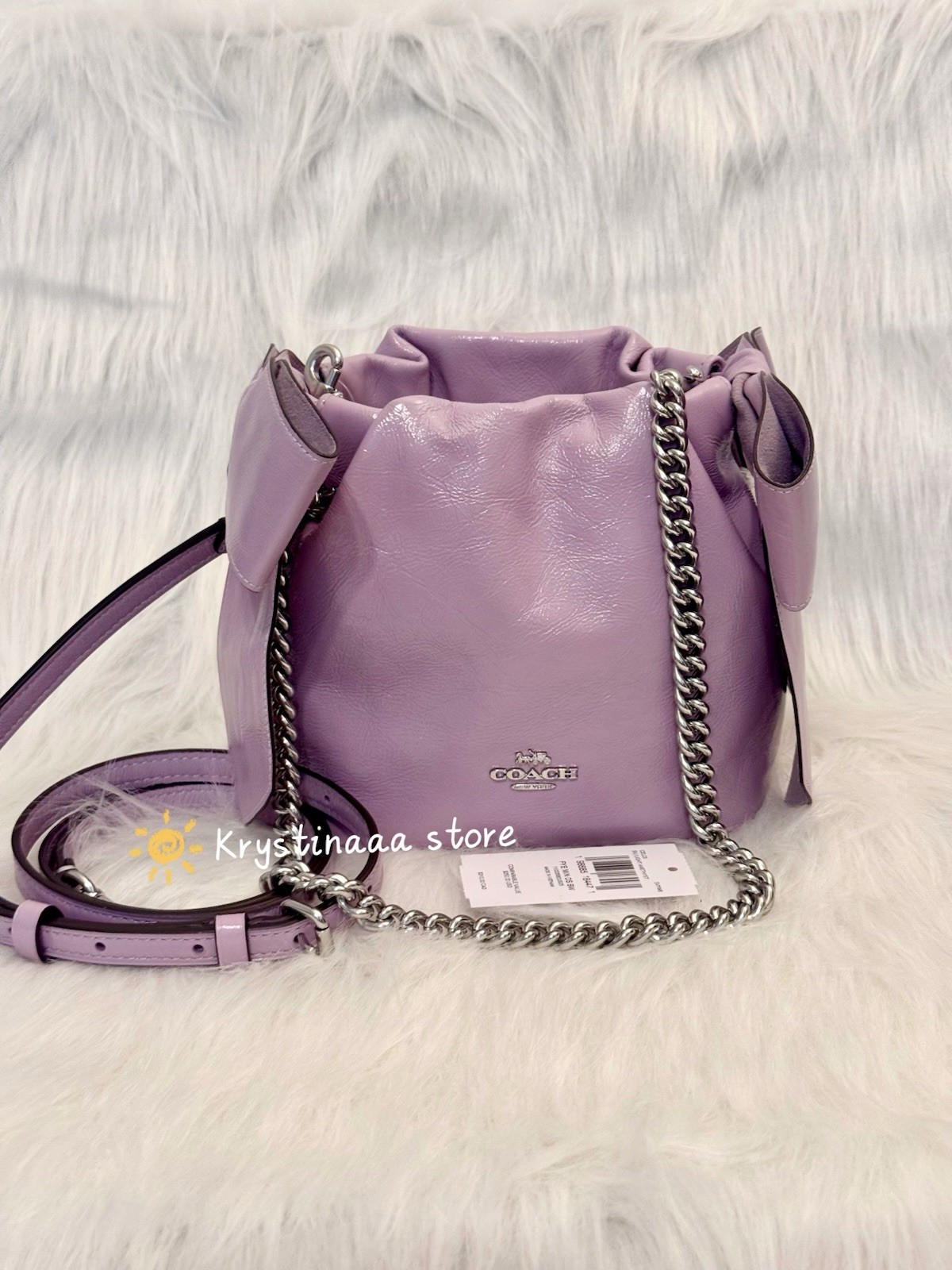 NWT Coach Faye Mini Drawstring Bag With Bows CEL03 in Light Amethyst Leather