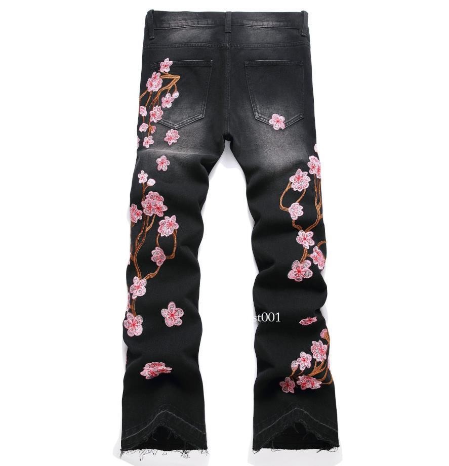Men’s Black Denim Jeans Straight Leg Casual Pants Floral Embroidery Punk Hip Hop
