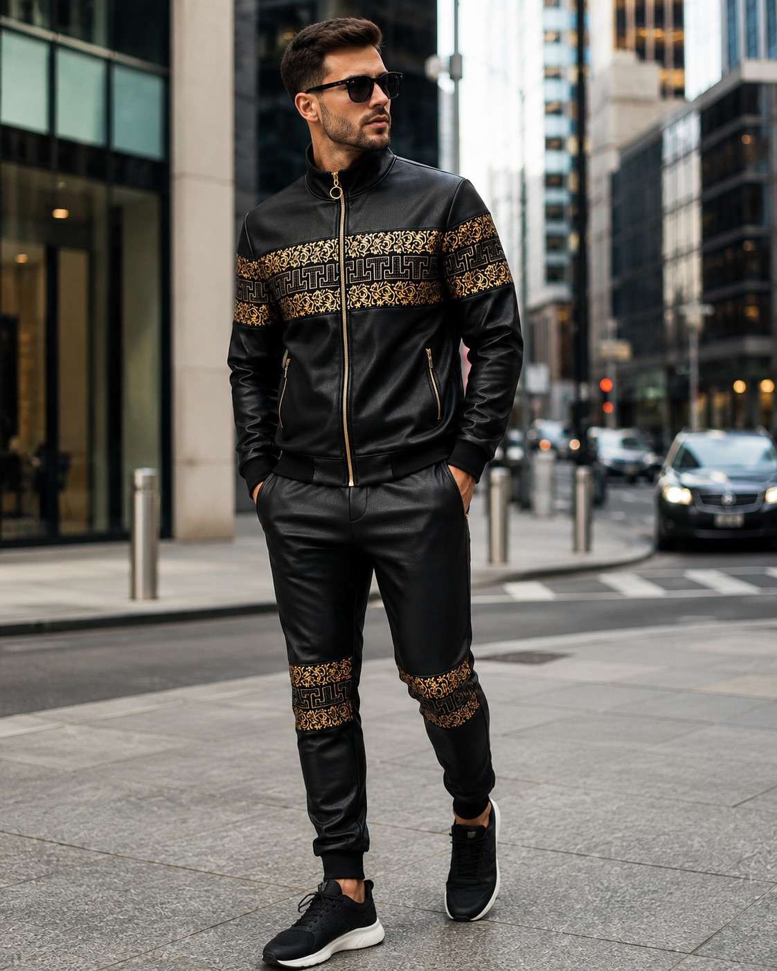 Mens Black Gold Baroque Tracksuit 2 Piece Zip Hoodie Jogger Set Luxury Designer