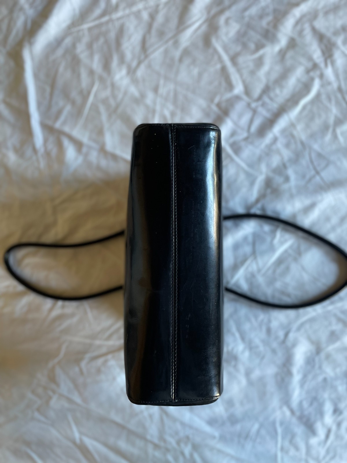 Vintage Black Furla Patent Leather Bag Straps Inside Pockets 11″H x 17″W x 4″D