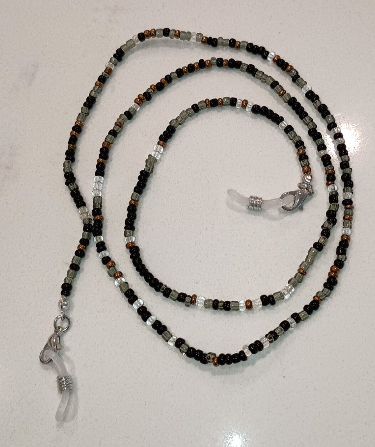 Beaded Necklace With Clasps For Holding Glasses, Masks, Or IDs Black and Bronze