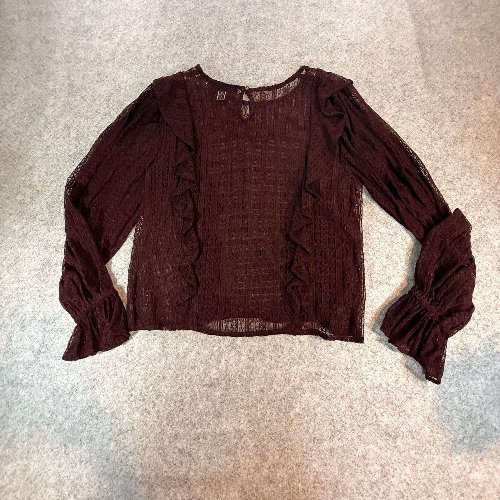 Blue Rain Burgundy Lace Ruffle Long Sleeve Blouse