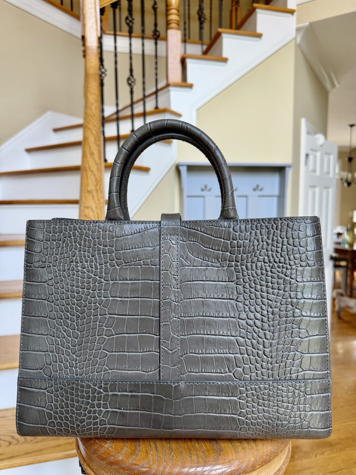 Teddy Blake 12” Lola Bag Dark Grey Croco Embossed Leather satchel NWT