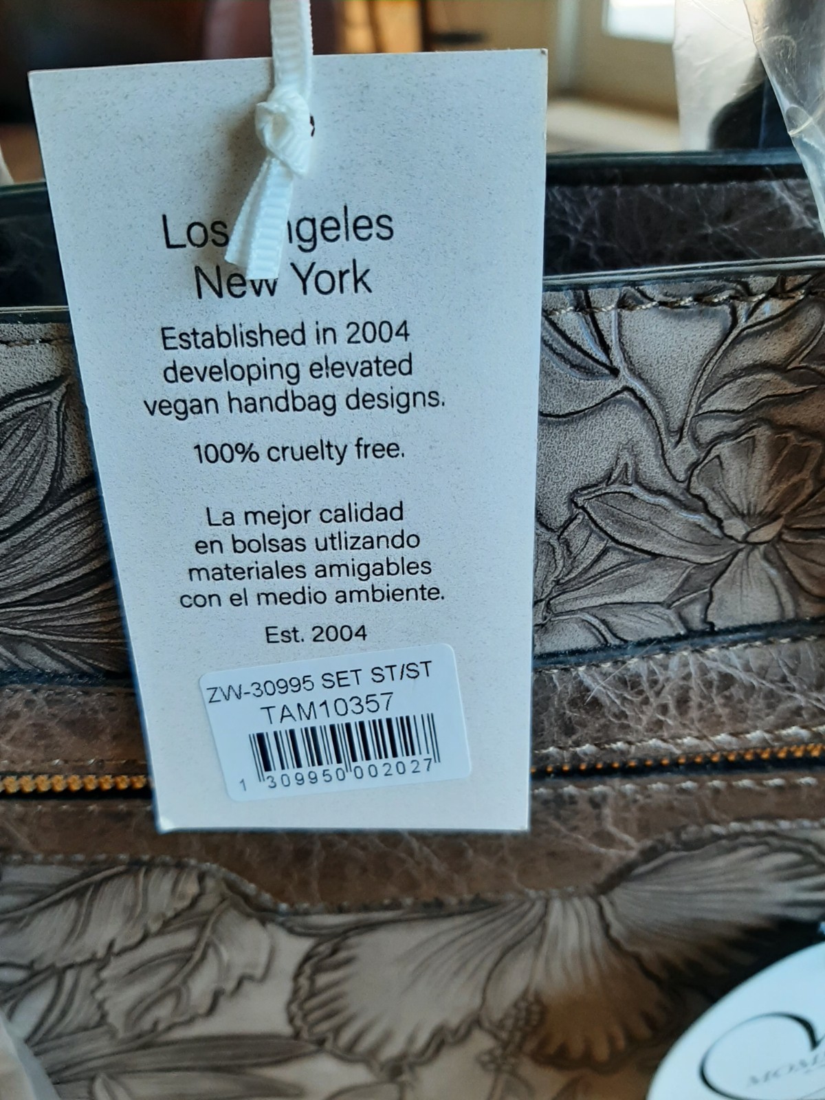 Alyssa Taupe Vegan Leather Floral Tooled Look Large Purse
