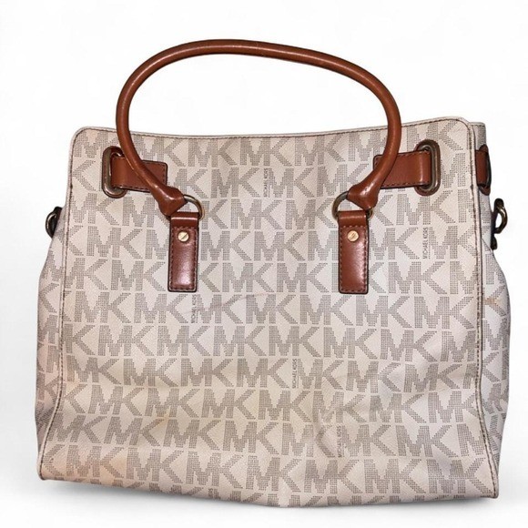 Michael Kors Hamilton Large Satchel Tote Purse Vanilla Leather Bag Gold Hardware