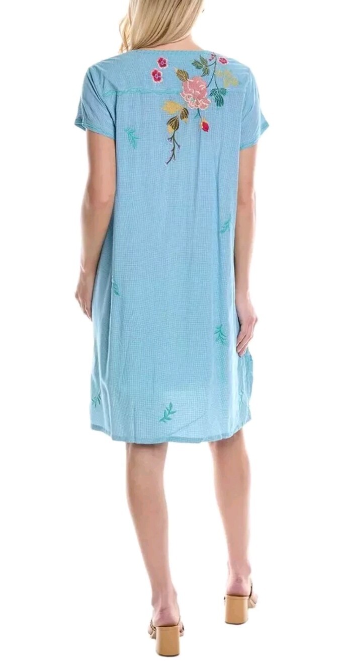 Johnny Was Workshop Adele Drape Cotton Blue Tunic Dress Women Sz S NEW
