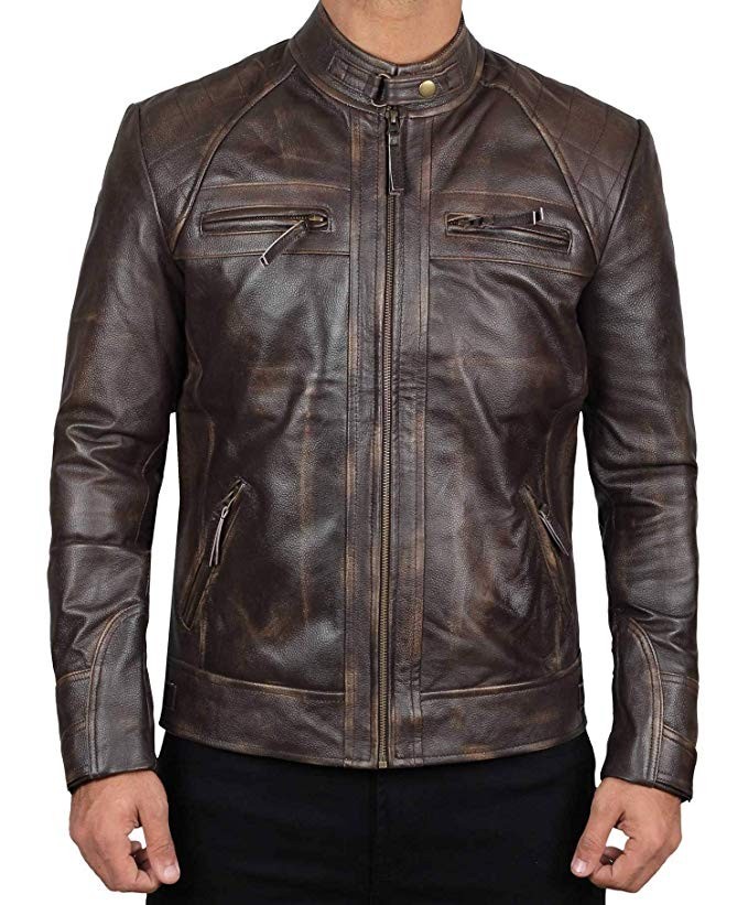 Men Distressed Leather RUB-OFF Jacket Vintage Dark Brown Retro Biker Racer Coat