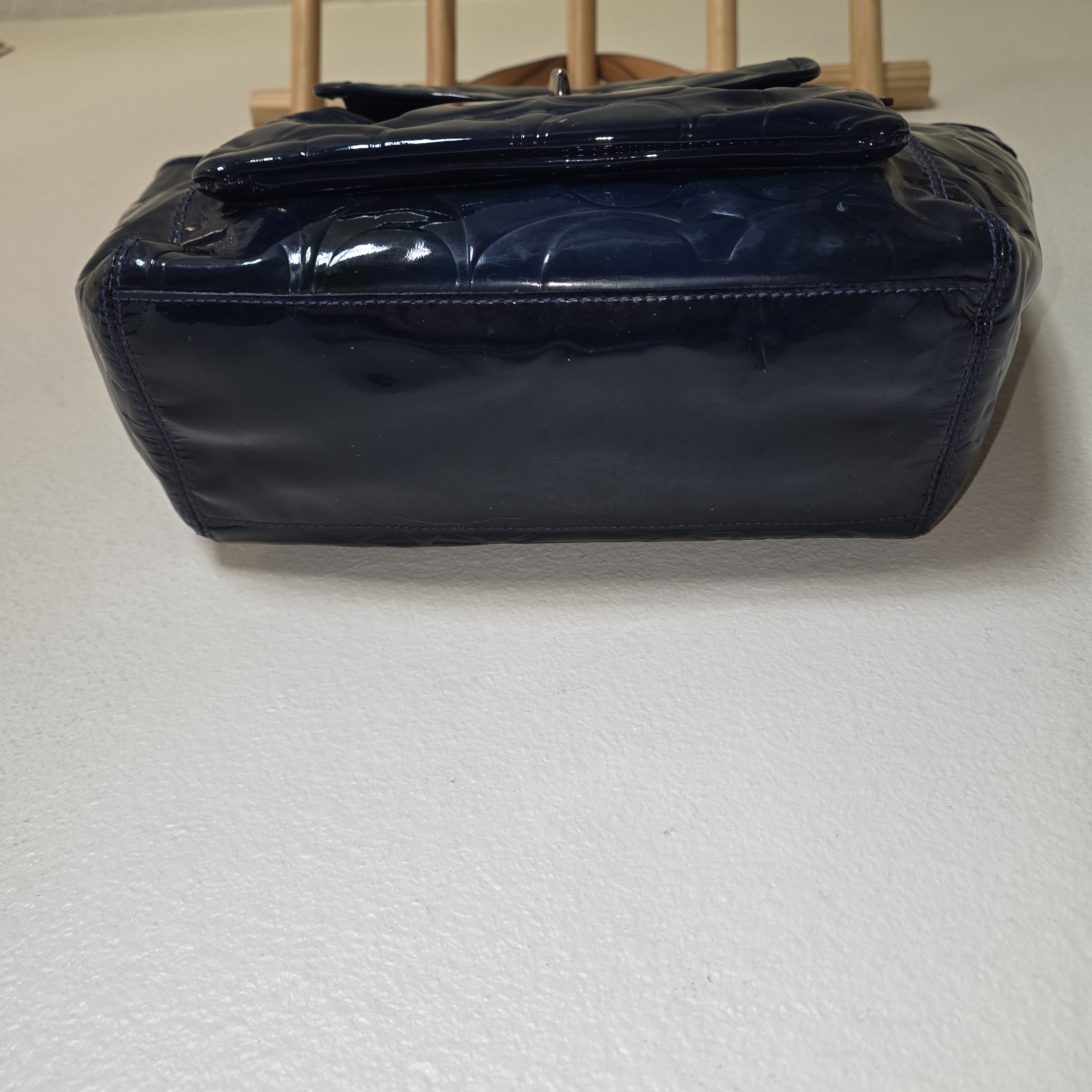 Coach Leah Navy Blue Patent Leather Tote Bag F14663 Embossed Logo Turnlock Large