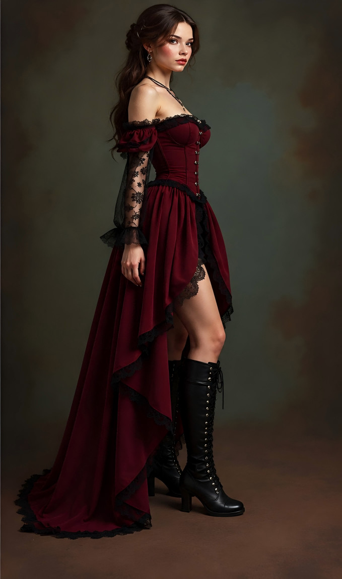 Gothic Corset High Low Train Burgundy Sleeve Victorian Halloween Party Dresses