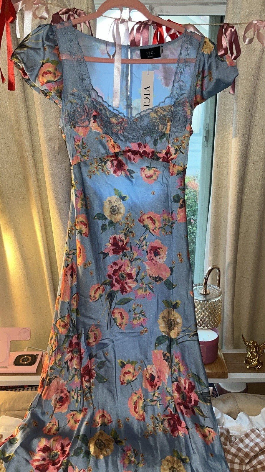 VICI Women’s Blue Floral Square Neck Lace Cut-Out Long Maxi Dress Size S