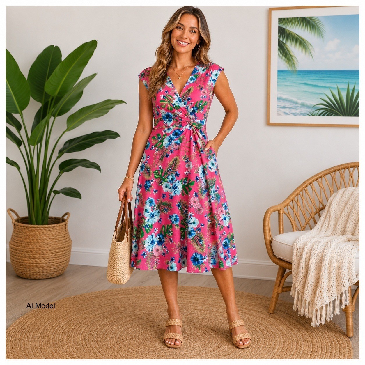 Tropical Resort Floral Faux Wrap Dress Small Midi Pink Resort Hawaiian Lands End