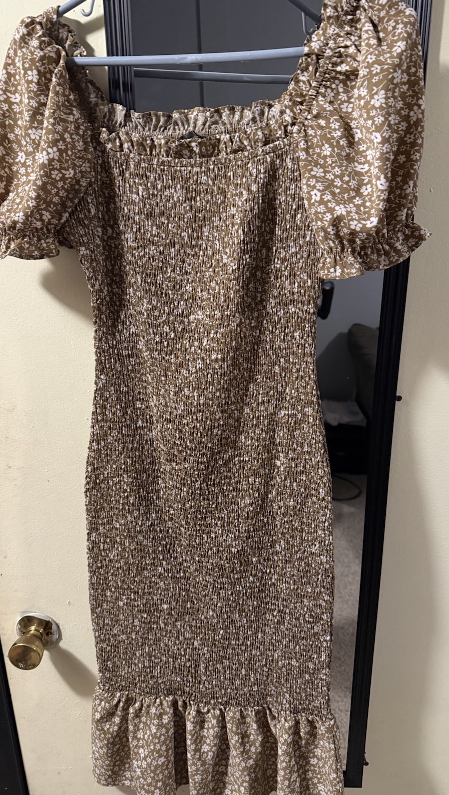 PrettyGarden Floral Smocked Puff Sleeve Square Neck Ruffle Midi Dress S
