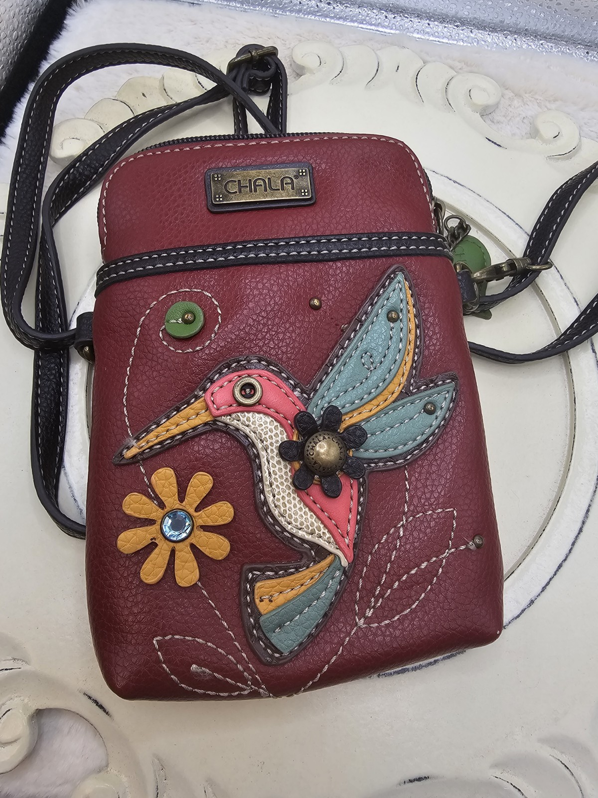 Chala Burgundy Bird Crossbody Bag Small Zip Closure Flower Charm