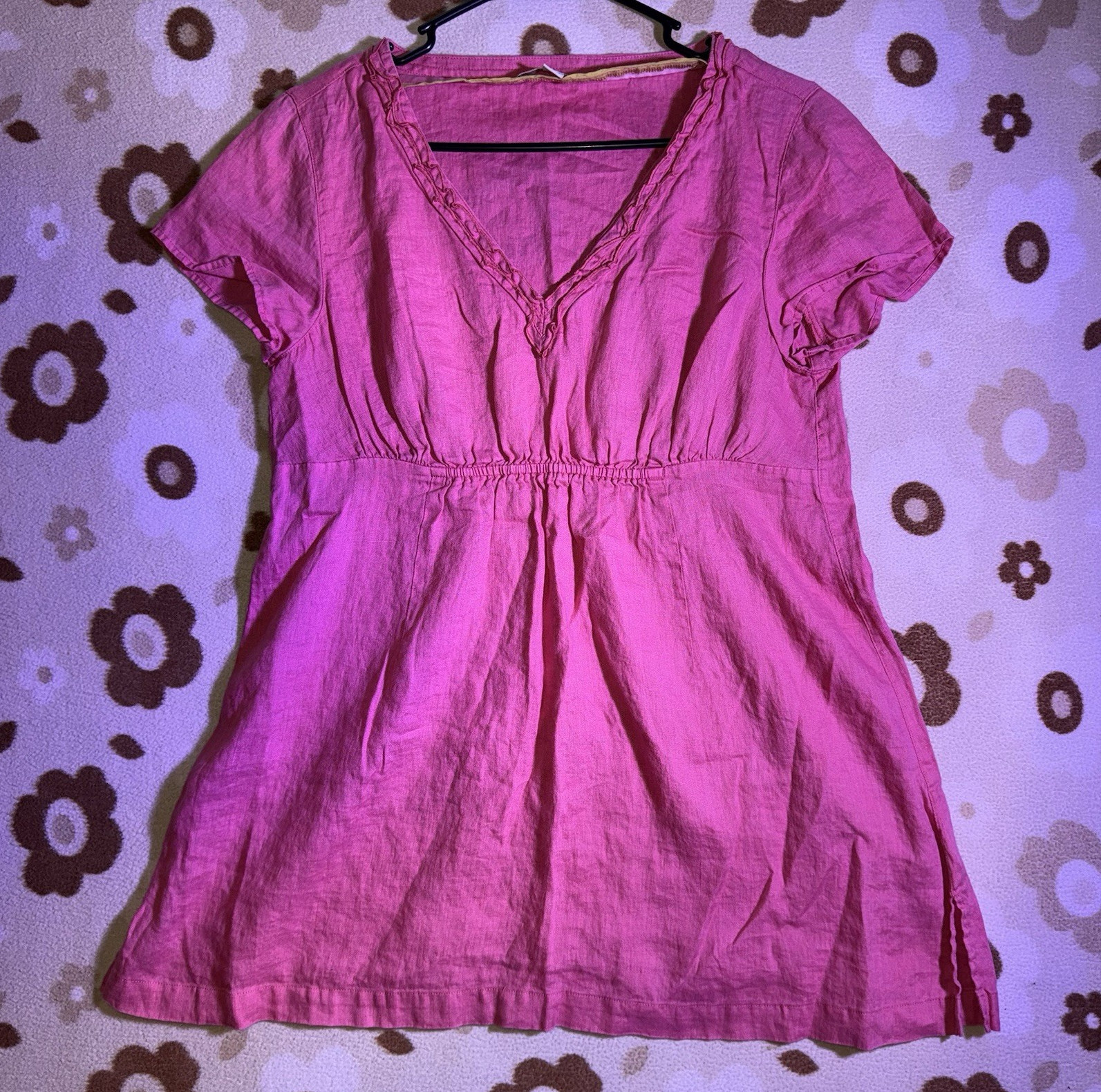 Boden Pink Solid V-Neck Ruffle Cap Sleeve Tunic Blouse Women’s UK 12