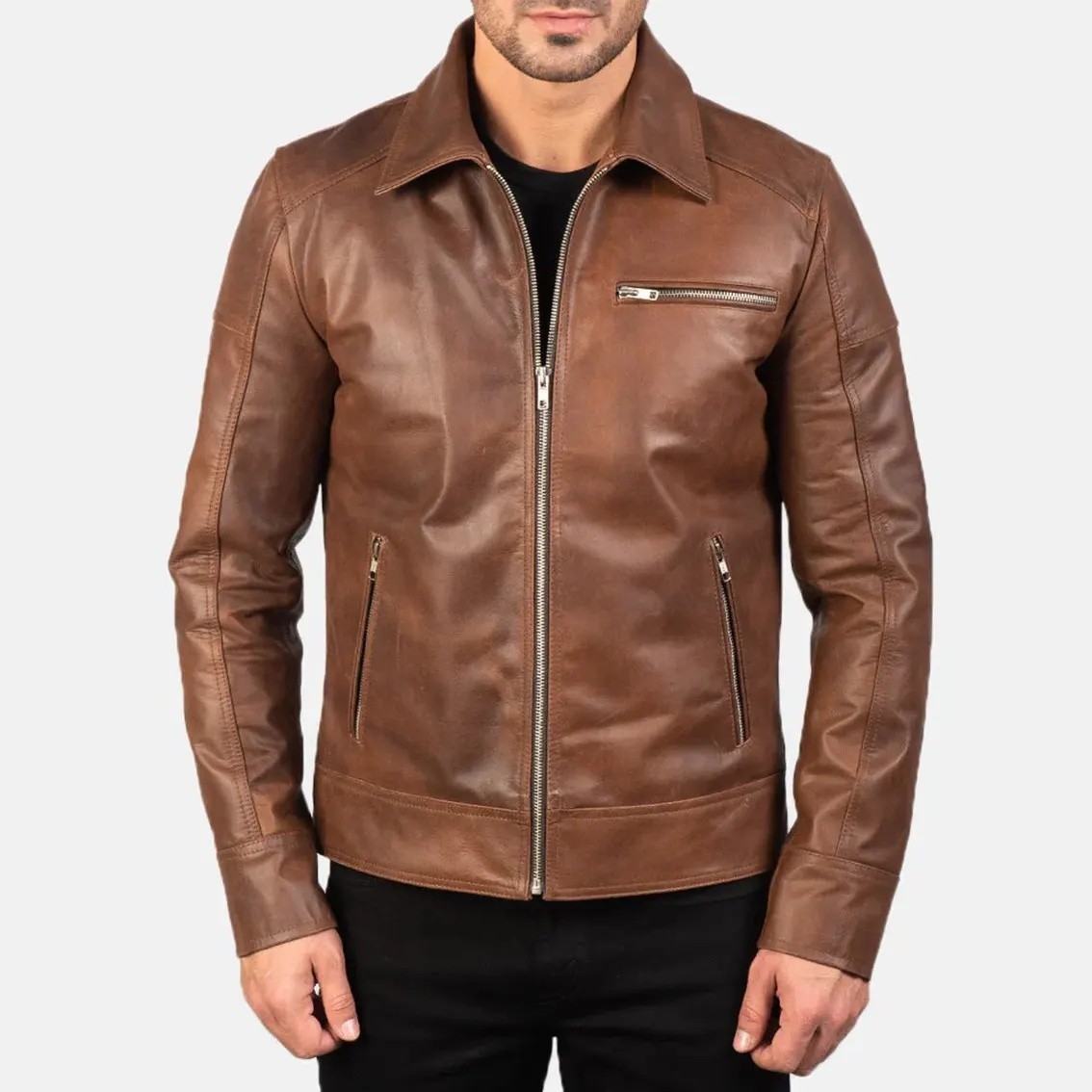 Men’s Brown Handmade Genuine Cowhide Leather Motorcycle Biker Cafe Racer Jacket