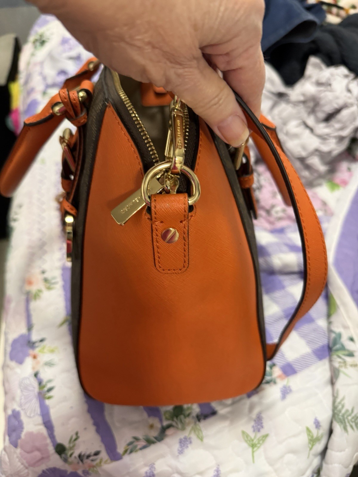 Michael Kors L Logo Satchel Top Handle Brown/Orange Gold Zip, Detachable Strap