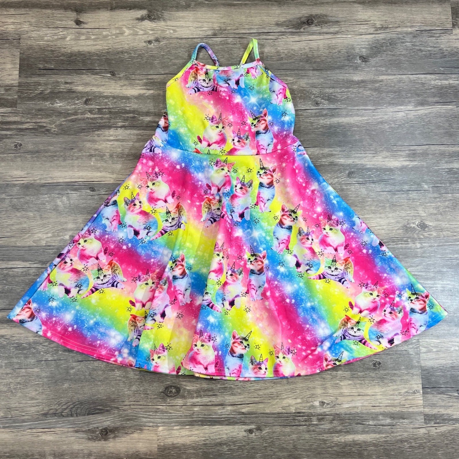 Girls Rainbow Unicorn Cat Dress Galaxy Twirl Skater Dress Boutique Funnyokid M