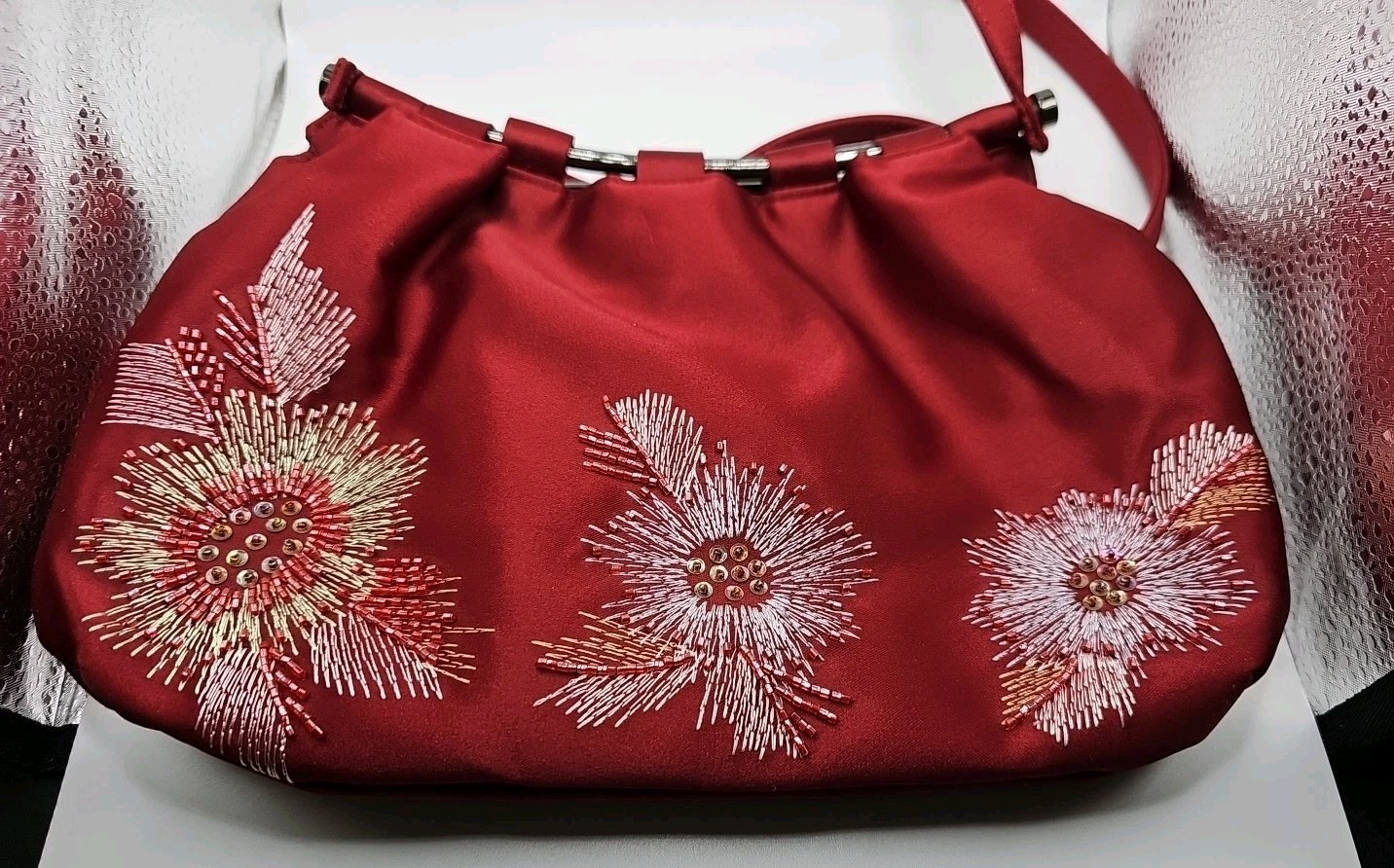Drap Vintage Red Beaded Front Evening Bag Approx 11×8 Polyester Made In Spain