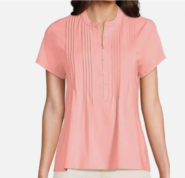 Lands’ End Women’s Short Sleeve Pintuck Blouse, Pink, Size S