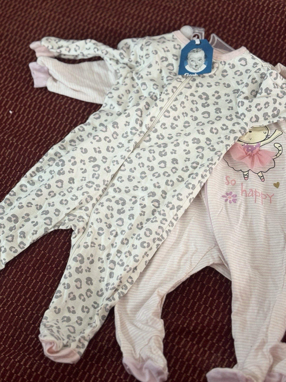 Garanimals 0-3M Girls 2pc Footed Zip Cotton Knit Sleepers Cat Animal Print