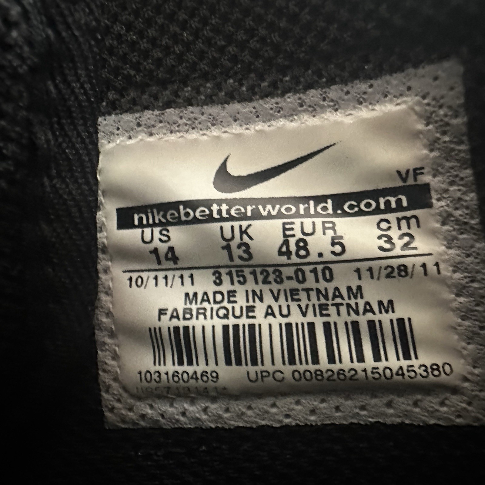 Nike Air Force 1 Mid ’07 Black 2011 US Men’s size 14 315123-010 *vintage* Lace