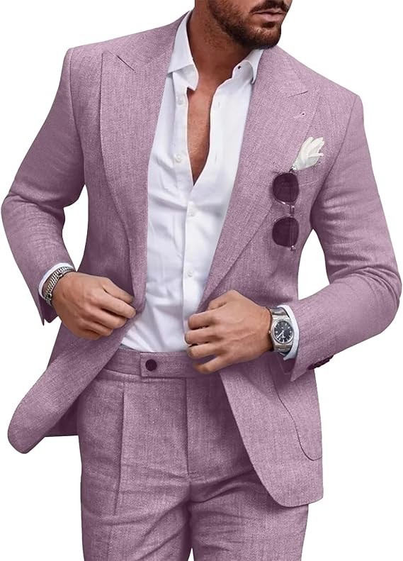 Linen Men’s Suit Set Casual Tuxedo 2 Piece Regular Fit Blazer One Button Jacket
