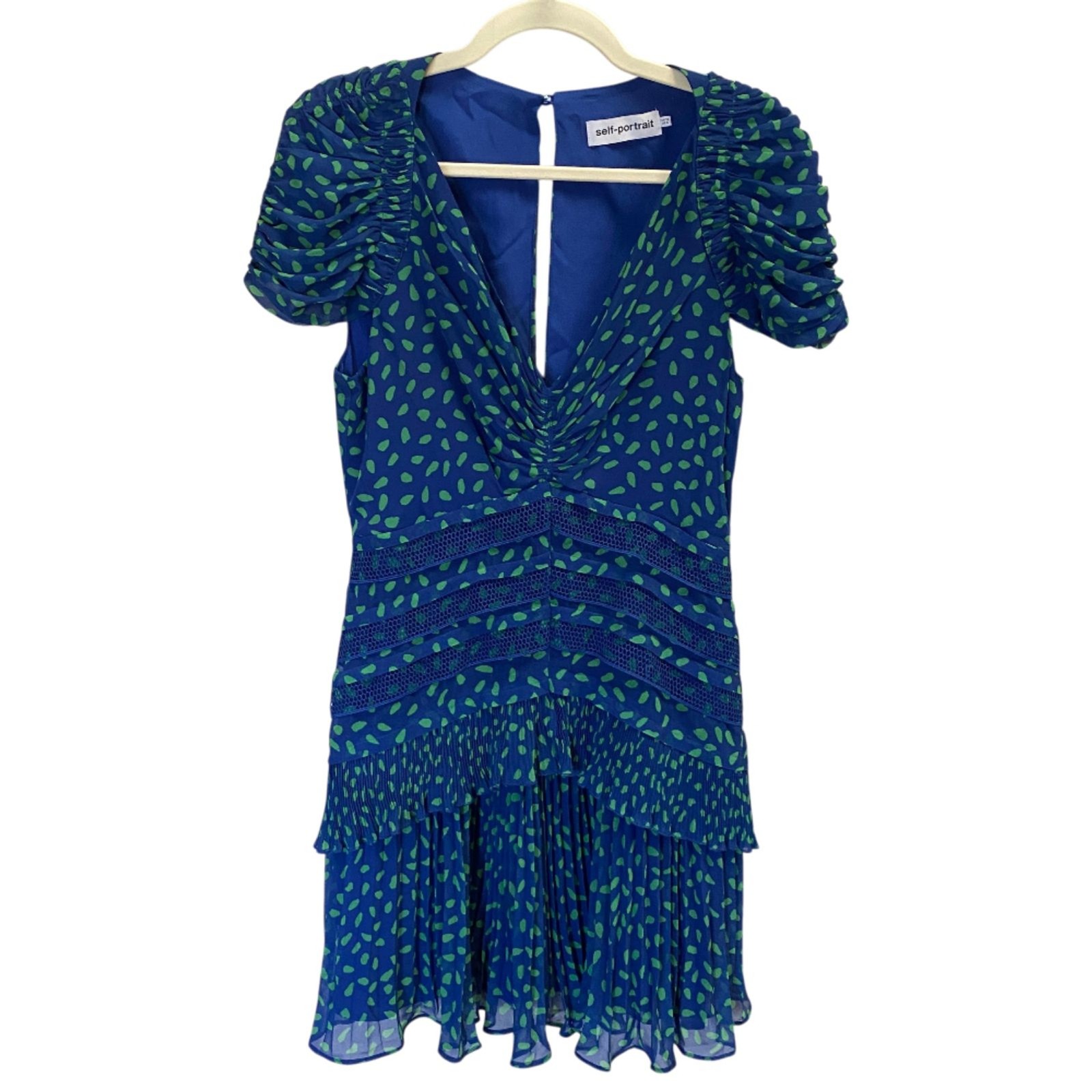 Self-Portrait Blue Green Polka Dot Printed Chiffon Tiered Mini Dress, Size 6