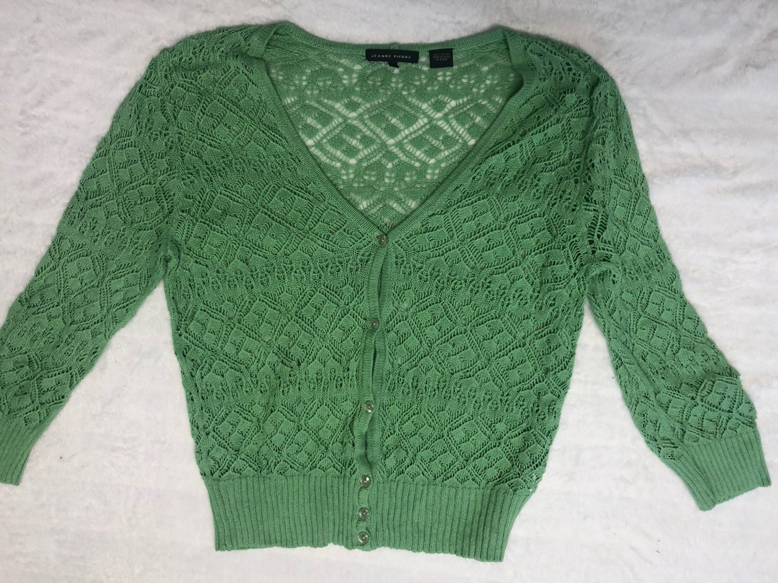 Jeanne Pierre Women’s L Button down Open-Knit Cardigan Sweater Green 100% Cotton