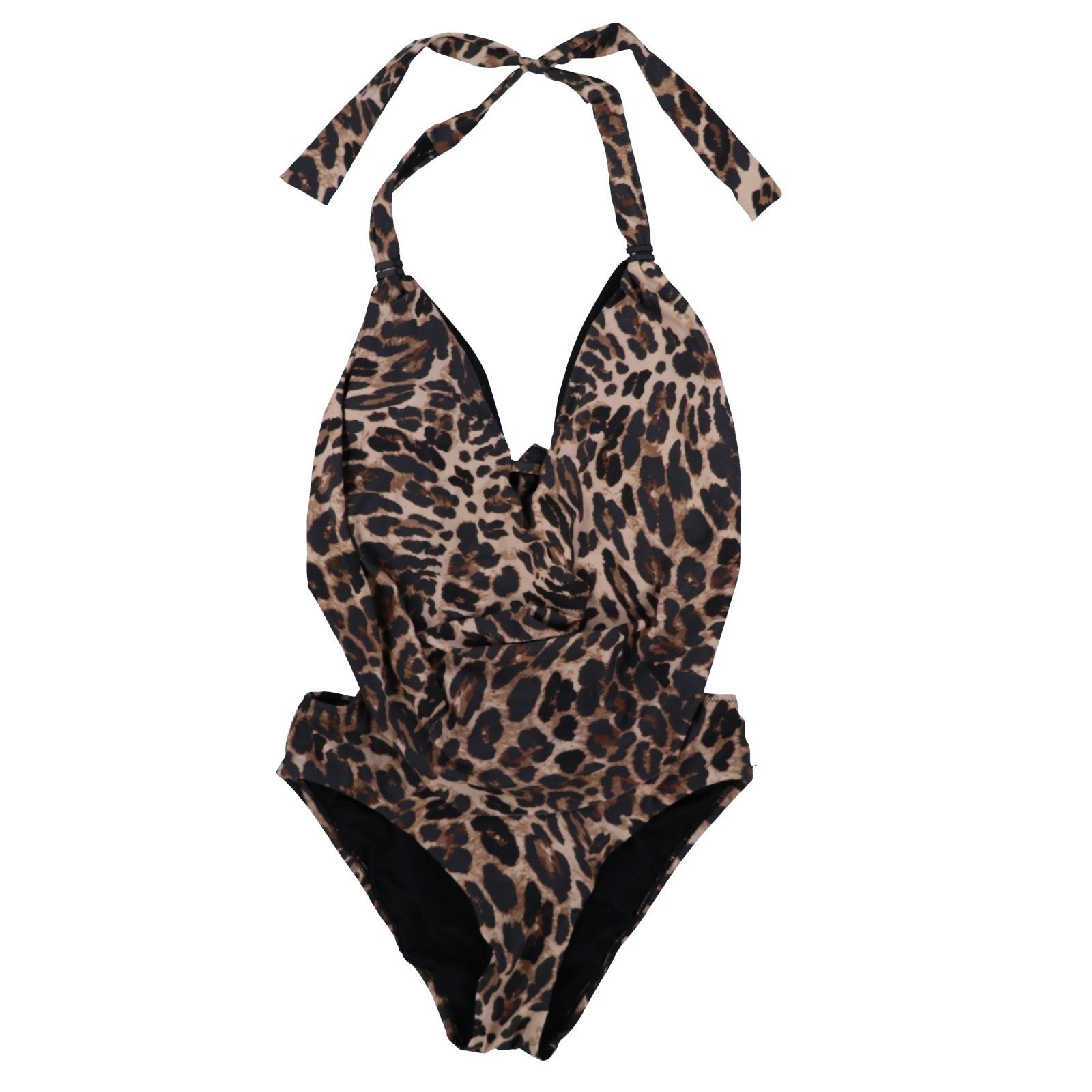 Bar III Women’s One Piece Swimsuit Cowlneck Halter Tie Back Brown Leopard New