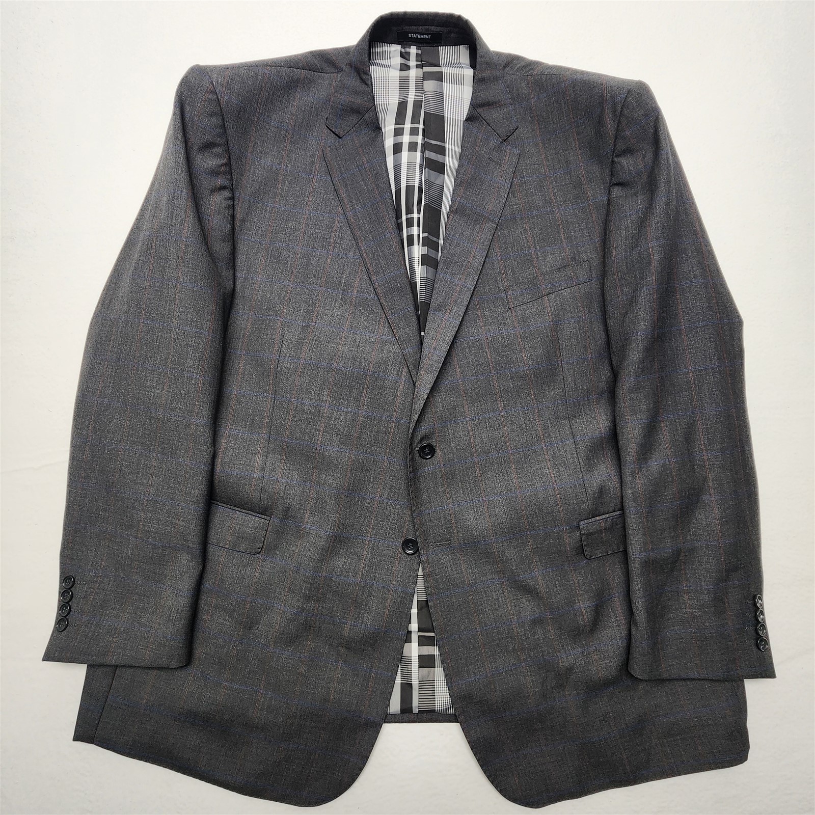 Statement Italy 52L 44×32 Gray Red Blue Windowpane 100% Wool 2Btn 2Pc Mens Suit