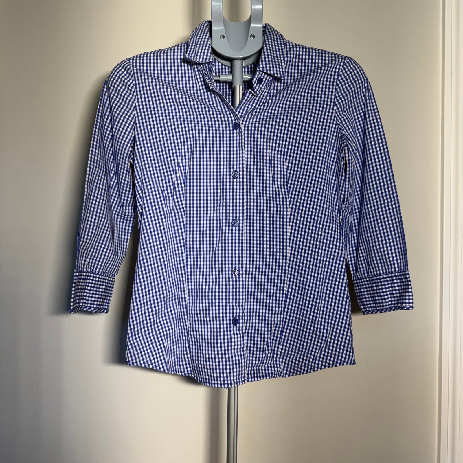 New York & Company Blue White Gingham 7th Avenue Stretch Shirt Womens Small S