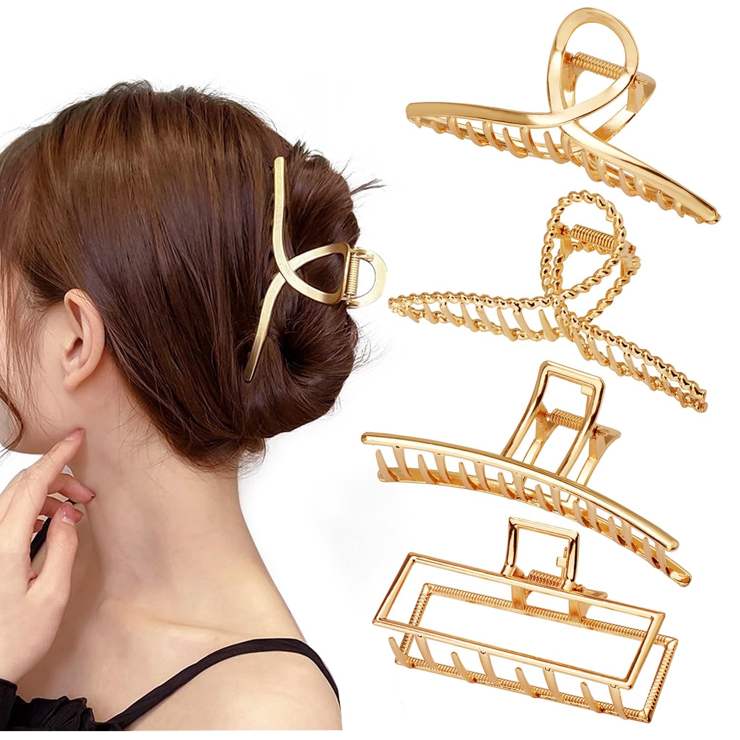 4 PCS Large Metal Hair Clips Thin Thick 4.3 Inch Nonslip Gold Jaw Claw Pins