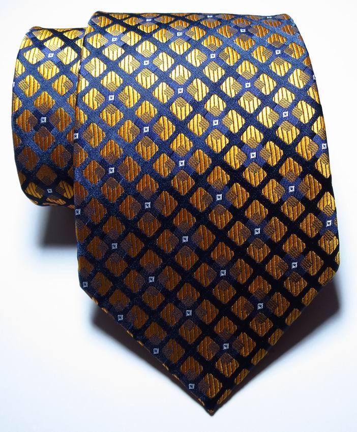 New Classic Checks Gold Dark Blue White JACQUARD WOVEN Silk Men’s Tie Necktie
