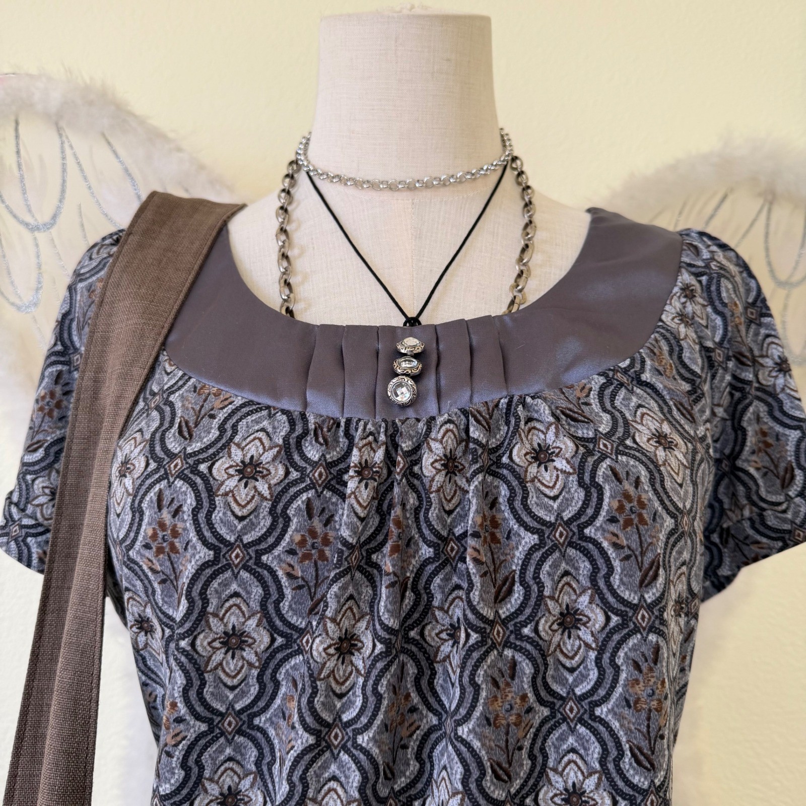 Whimsy Twee Boho Gray Funky Pattern Cap Sleeve Blouse Top Rhinestones 2000s Cute