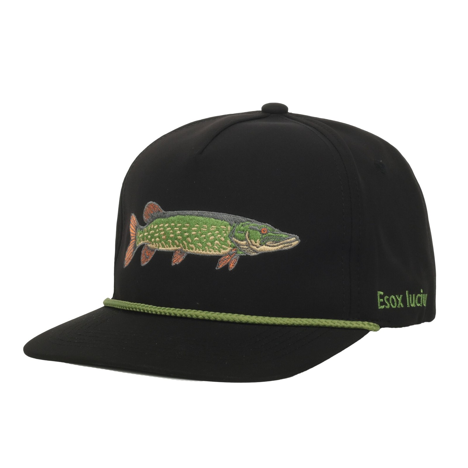 Outdoor Cap Northern Pike Fishing Cap Black 5-Panel Hat, Green Rope Detail