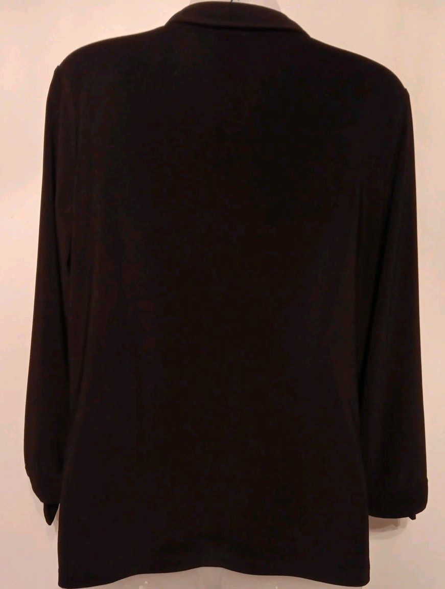 Anne Klein Black Top Stretch Small Collar 3/4 Tie Sleeves 3 Button Placket EUC