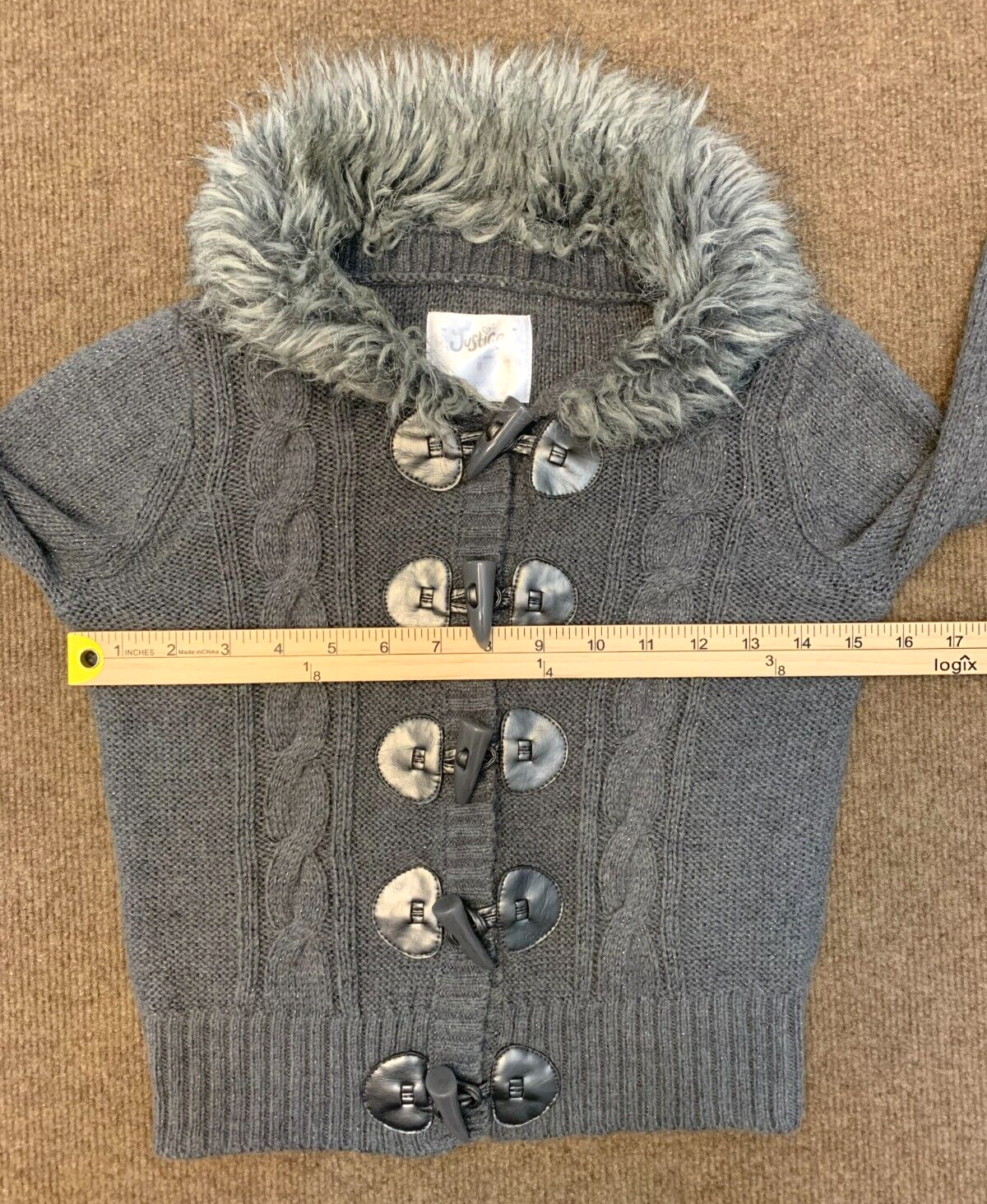 Vintage Justice Sweater Girls 8 Cardigan Fur Collar Cable Knit Toggle Button Y2K