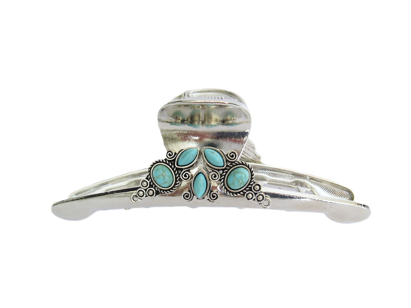 Large shiny turquoise blue stone silver metal western hair claw clip