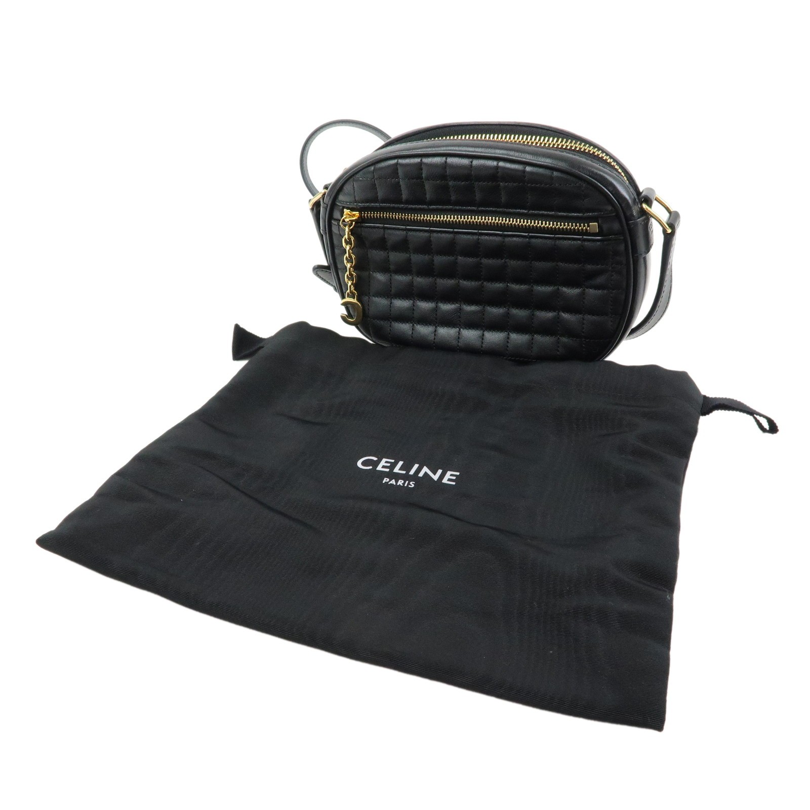 CELINE C Charm Leather Shoulder Bag Crossbody Bag Camera Bag Black Auth Used F/S