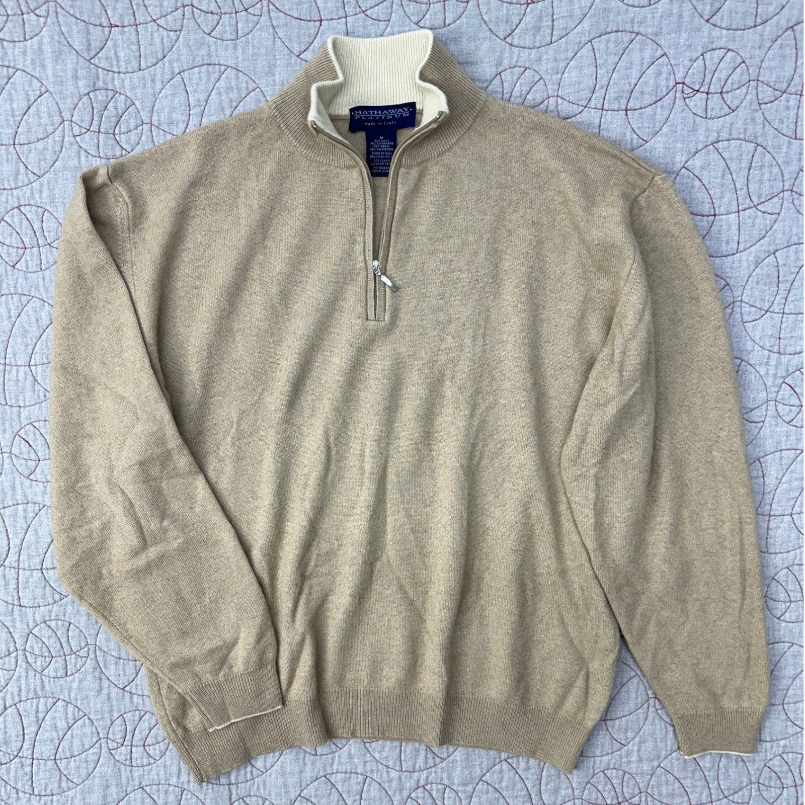 Hathaway Platinum 1/4 Zip Tan Luxury Silk Cashmere Sweater / Mens Medium