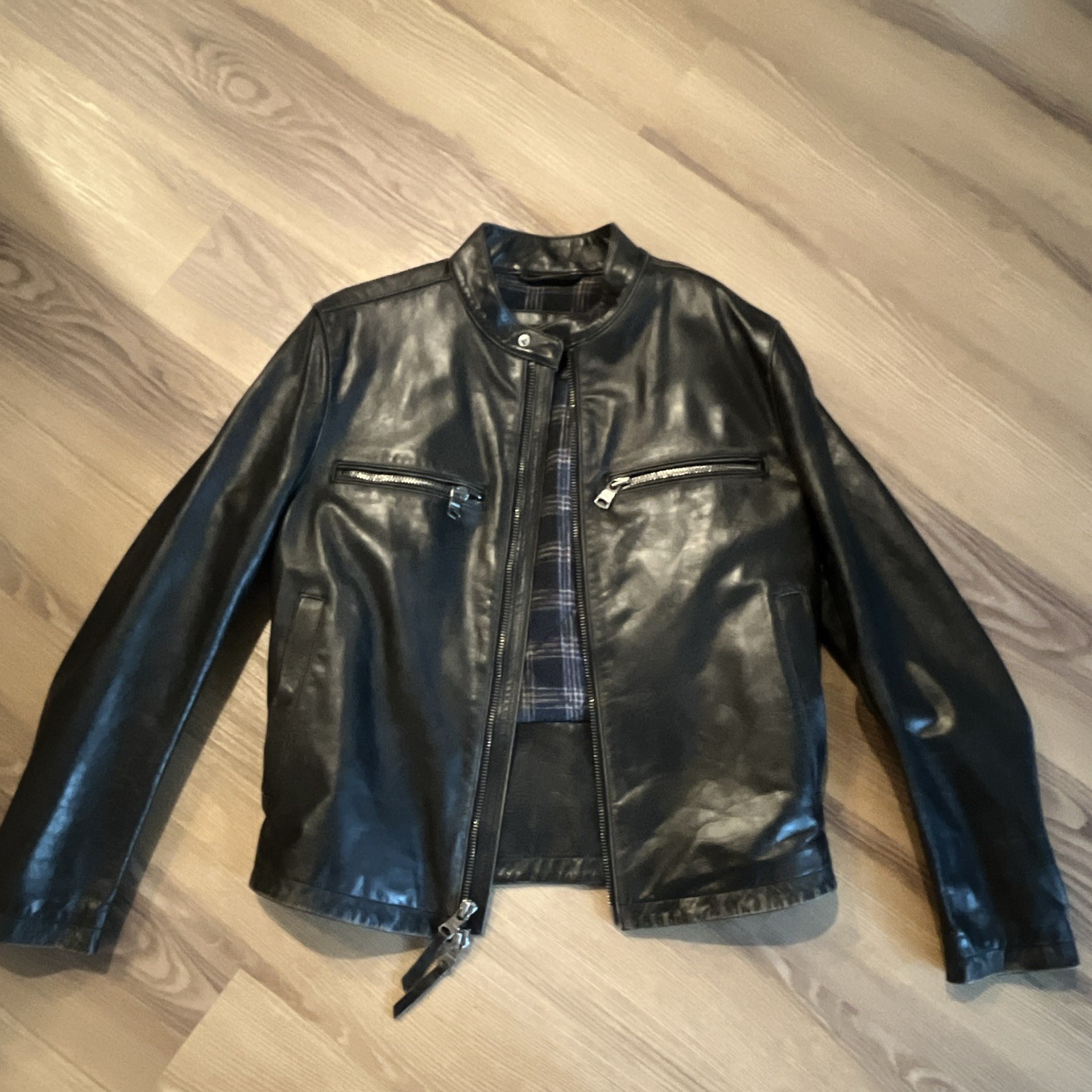 BR Men’s Black Leather Biker Jacket Full Zip Zipped Pockets Plaid Lined S